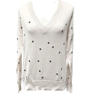 27 Miles Malibu Womens S Ivory Cotton V Neck Sweater Embroidered Daisy Knit Top